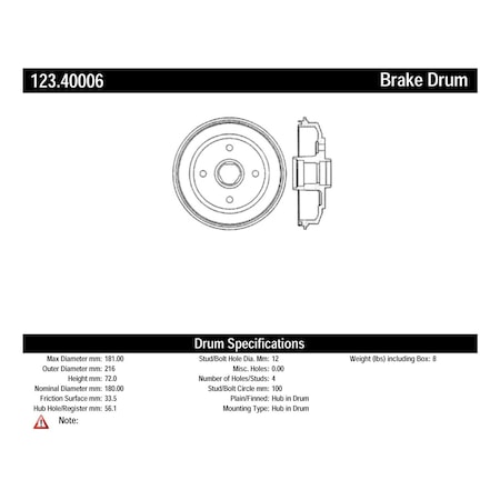 Centric Parts Standard Brake Drum, 123.40006 123.40006